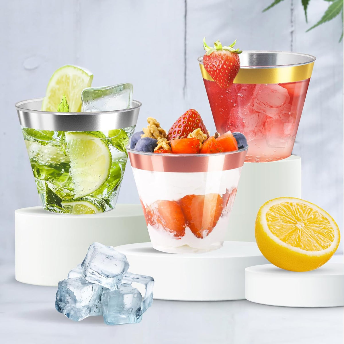 [200 Pack] 9oz Clear Plastic Cups with Gold Rimmed Sturdy & Food Safe Disposable Wine Glasses Party