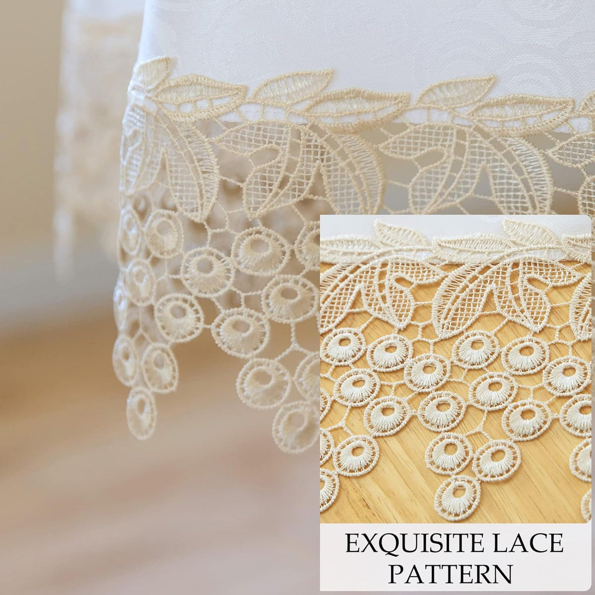 Beige lace Premium Round Farmhouse Tablecloth Waterproof OilProof SpillProof AntiShrink Soft
