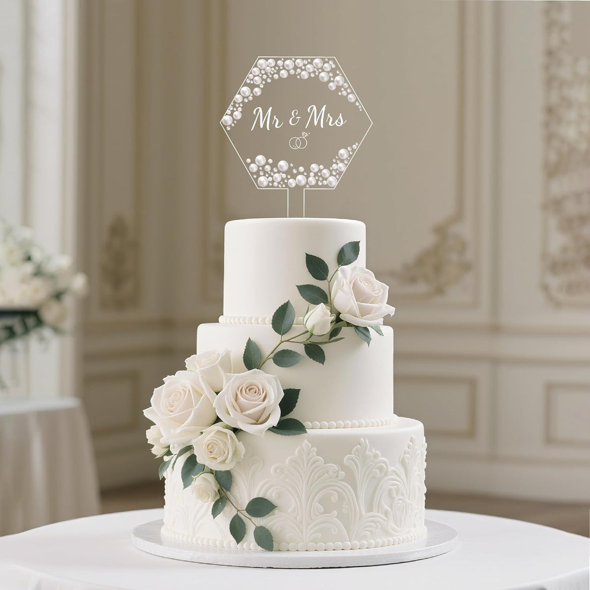 Coucoland Mr and Mrs Cake Topper - Hexagon Wedding Cake Decor with Rhinestones and Pearls for