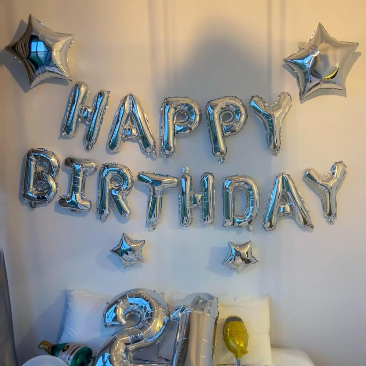 Silver Happy Birthday Balloon Banner, 16 Inch Mylar Foil Letter Balloons, Reusable Birthday