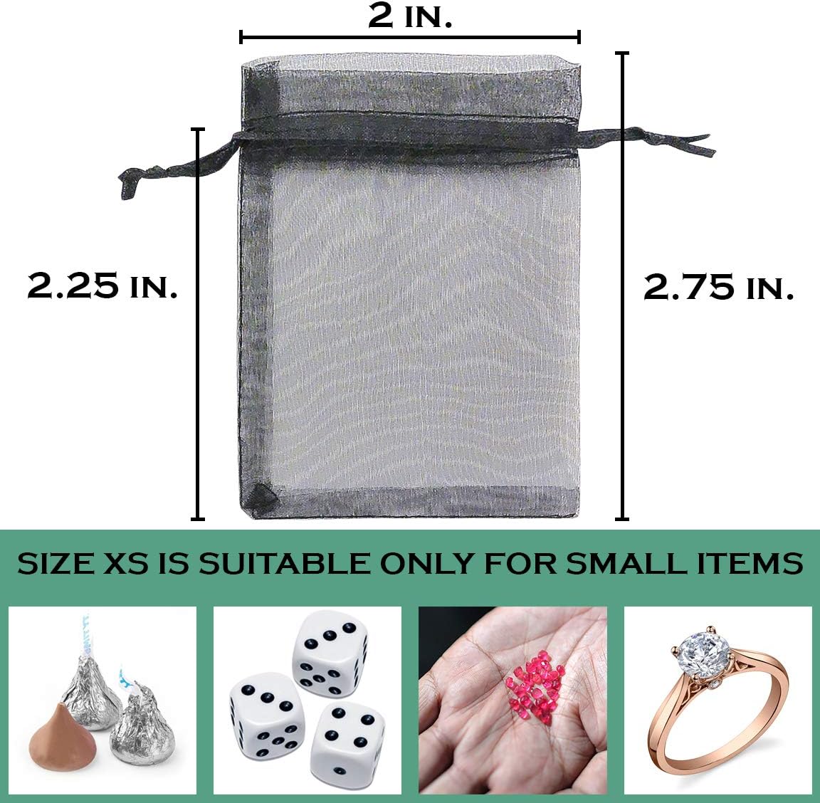 TheDisplayGuys 100-Pack XS 2x2 3/4" Black Sheer Organza Gift & Goodie Bags with Drawstring for