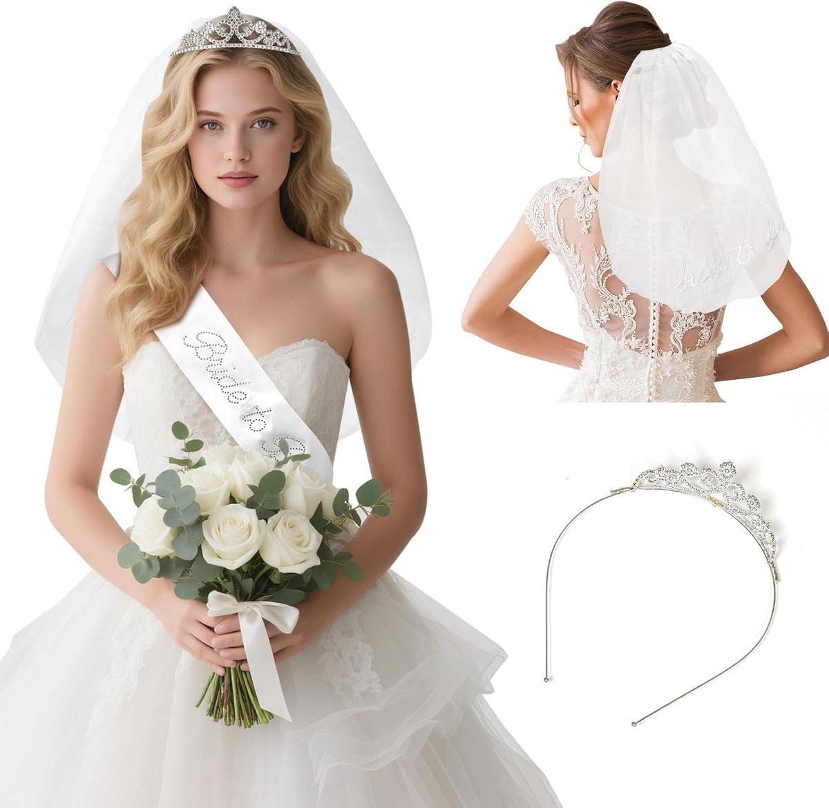3PCS Bride Decorations Set – Satin Bride Sash, White Veil with Embroidered Letters, Silver Tiara