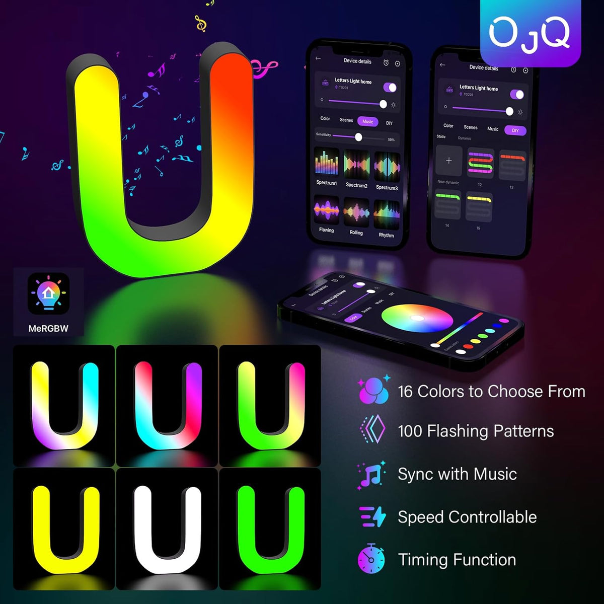 OJQ Light Up Letters LED Letter - Bedroom Lighted Colorful Alphabet Letter Music Sync Color Change