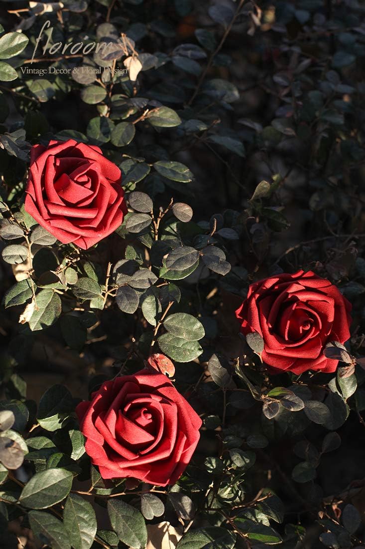 Floroom Artificial Flowers 50pcs Real Looking Dark Red Foam Fake Roses with Stems for DIY Wedding
