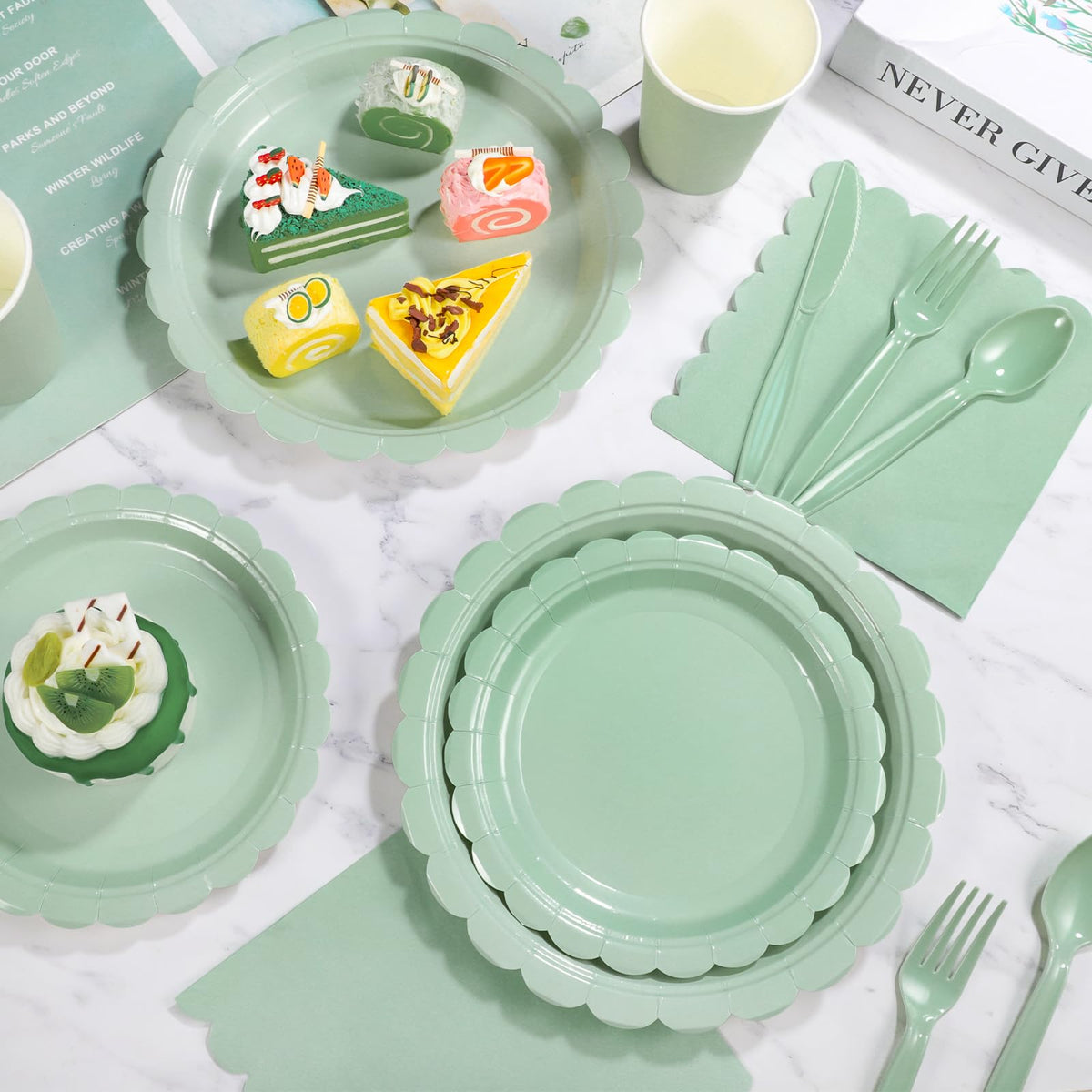 Xiangqu Party Plates and Cups and Napkins, 25 Set Sage Green Dinnerware