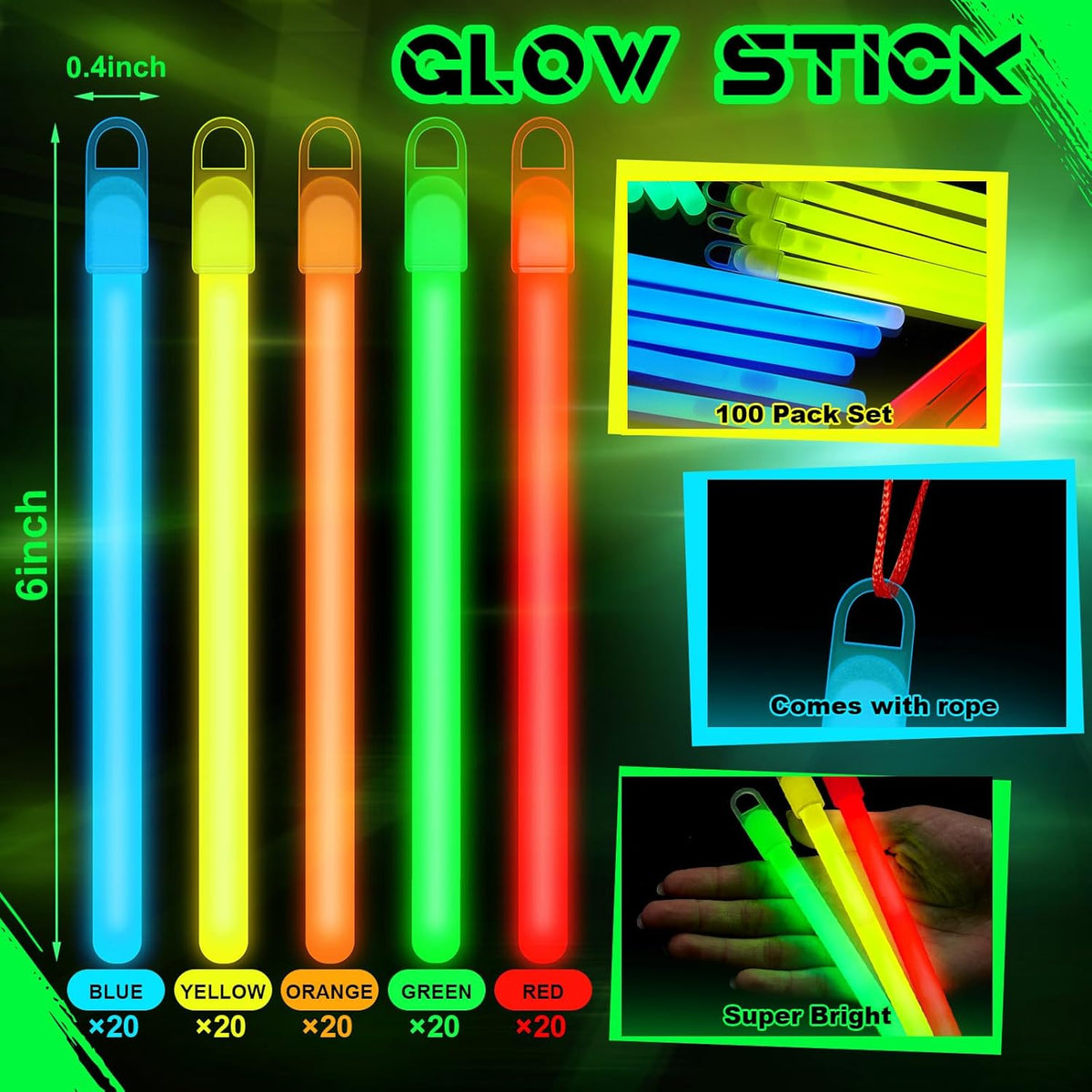 Lewtemi 4" or 6" 100 Pack Bright Glow Sticks Bulk, Glow in The Dark Party Supplies Birthday and
