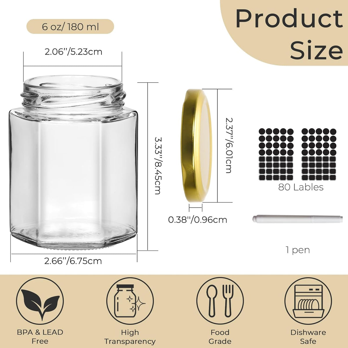 6 oz Hexagon Glass Jars with Gold Lids, 30 Pcs Canning Jars for Jam, Honey, Jelly, Candy, Candle