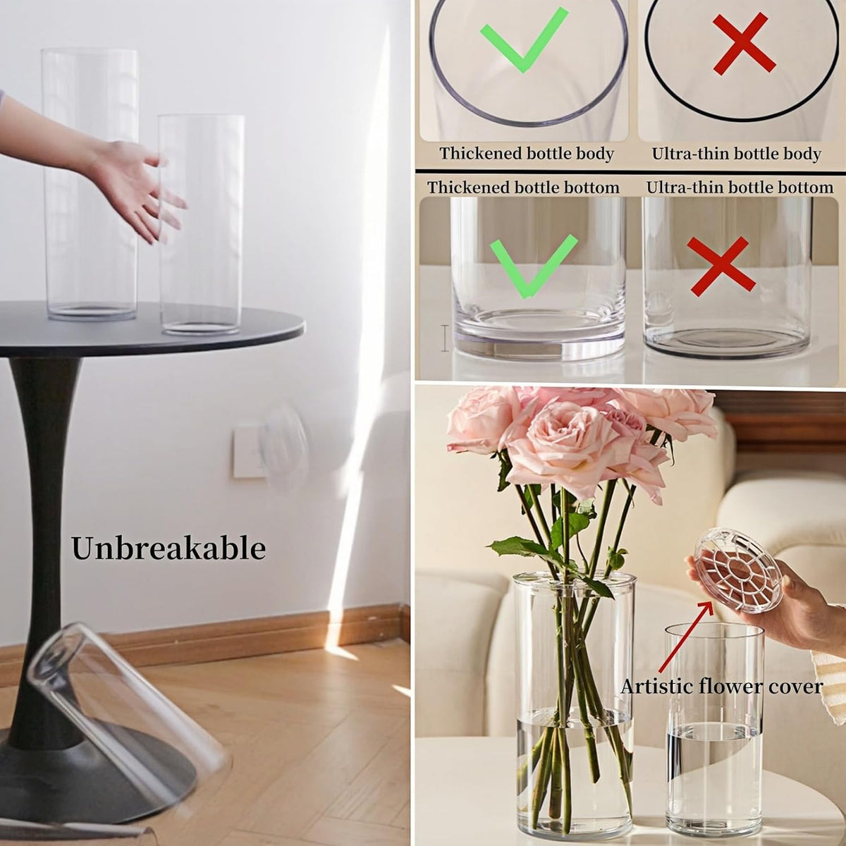 3 Large Acrylic Cylinder Clear Vase for Centerpieces, Hurricane Unbreakable Tall Big Wide Mouth