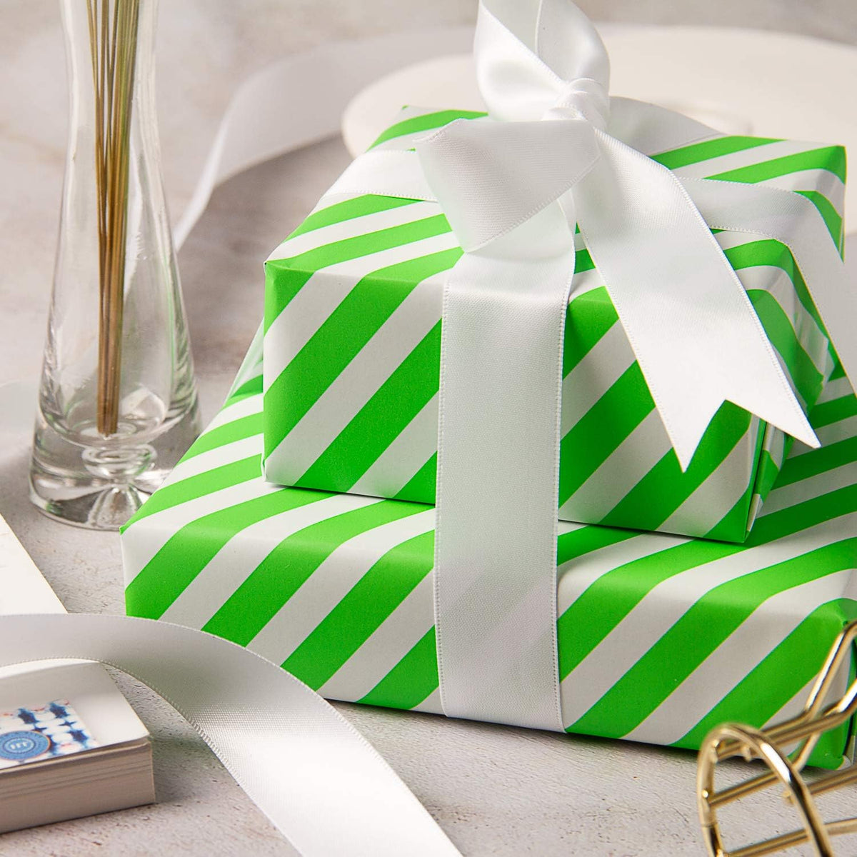 WRAPAHOLIC Reversible Wrapping Paper - Mini Roll - 17 Inch x 33 Feet - Green and Stripes Design for