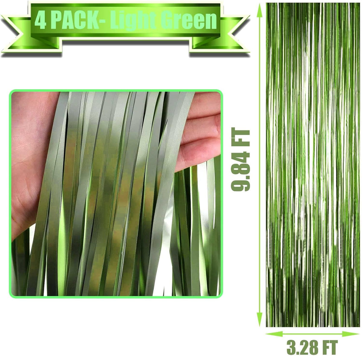 4 Pack Light Green Foil Fringe Curtain Backdrop, 3.28Ft x 9.84Ft Metallic Tinsel Streamers Curtains