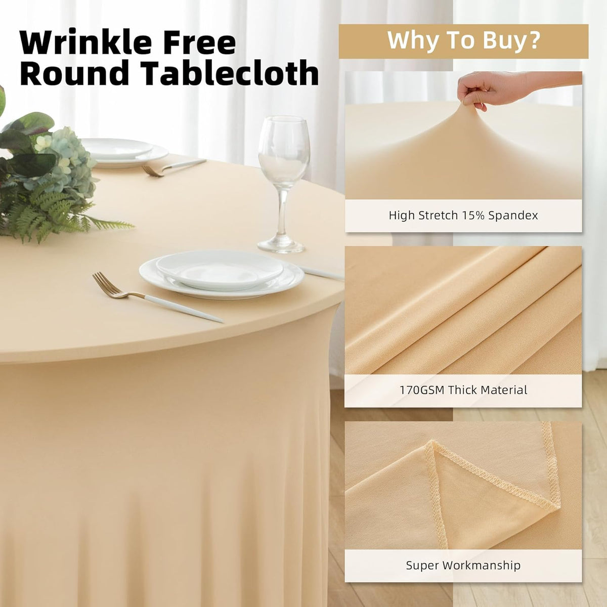 6 Pack Champagne Round Spandex Tablecloth 60 Inch, Wrinkle Free Stretch 120 Inch Fitted 5ft