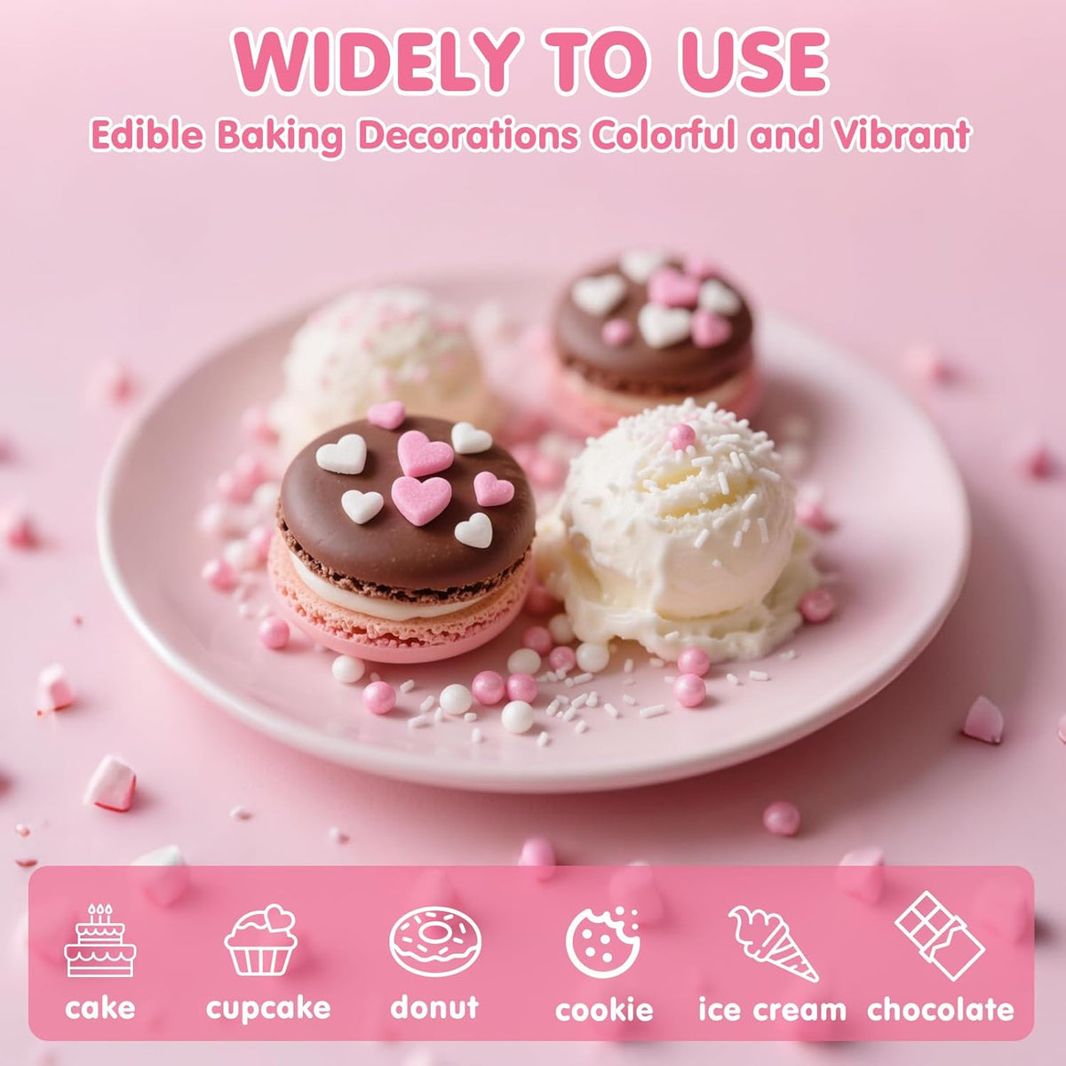 Edible Heart Sprinkles for Cake Decorating,White Pink Pearl Sugar Jimmies Mix Size