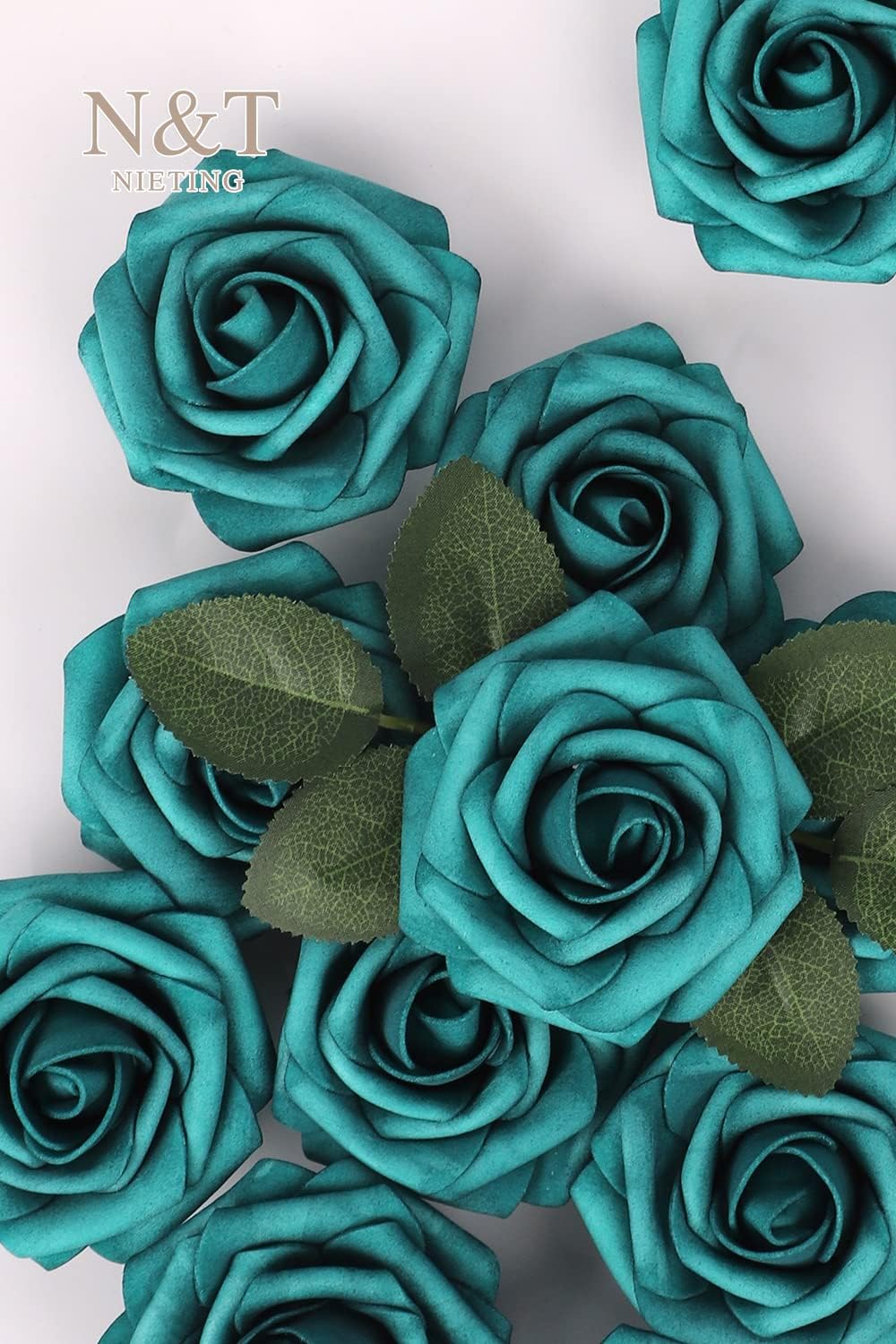N&T NIETING Artificial Flowers Foam Roses 25 pcs Peacock Green Fake Roses w/Stem for DIY Home Decor