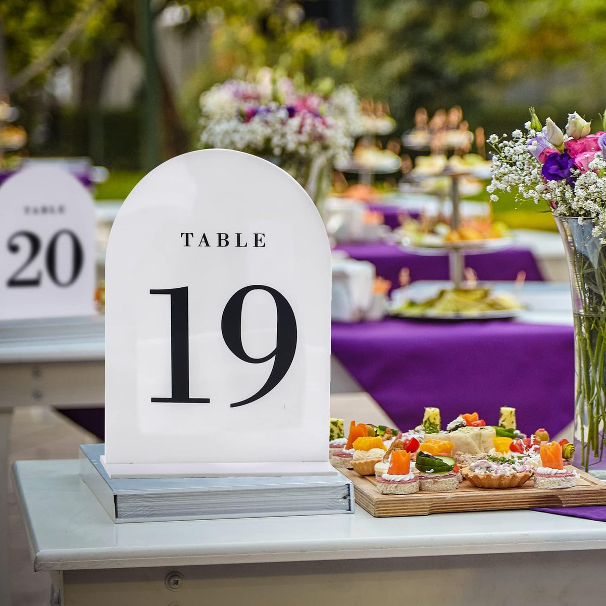 UNIQOOO White Arch Wedding Table Numbers with Stands 1-30, 5x7" Acrylic Signs and Holders, Perfect