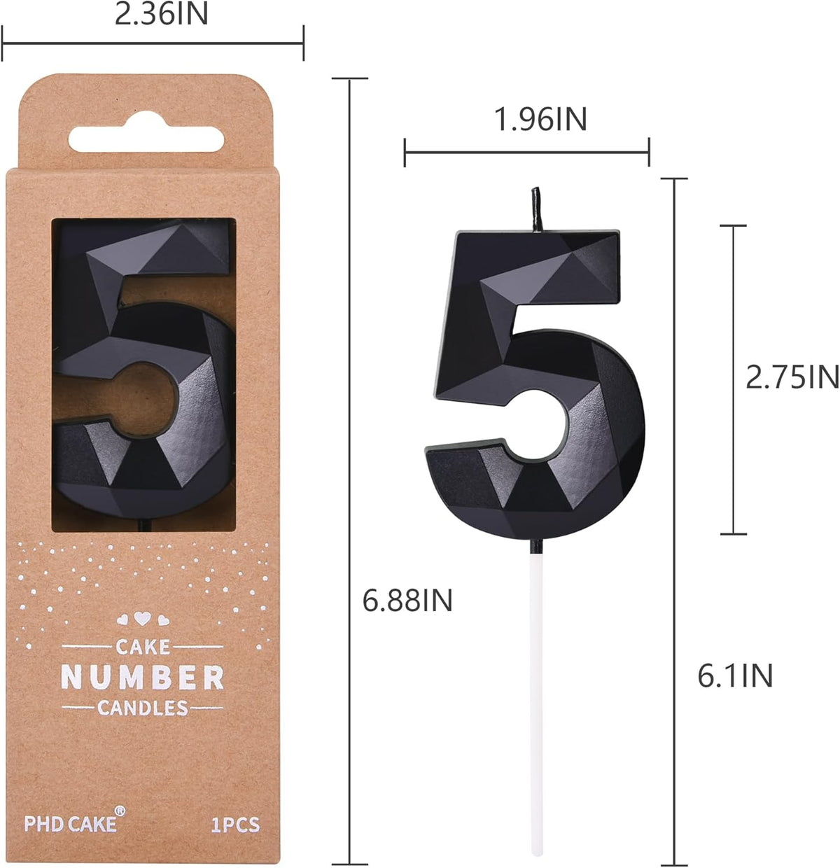 PHD CAKE 2.76 Inch Crystal Black 5 Number Birthday Candles, Black Number Candles, Cake Number