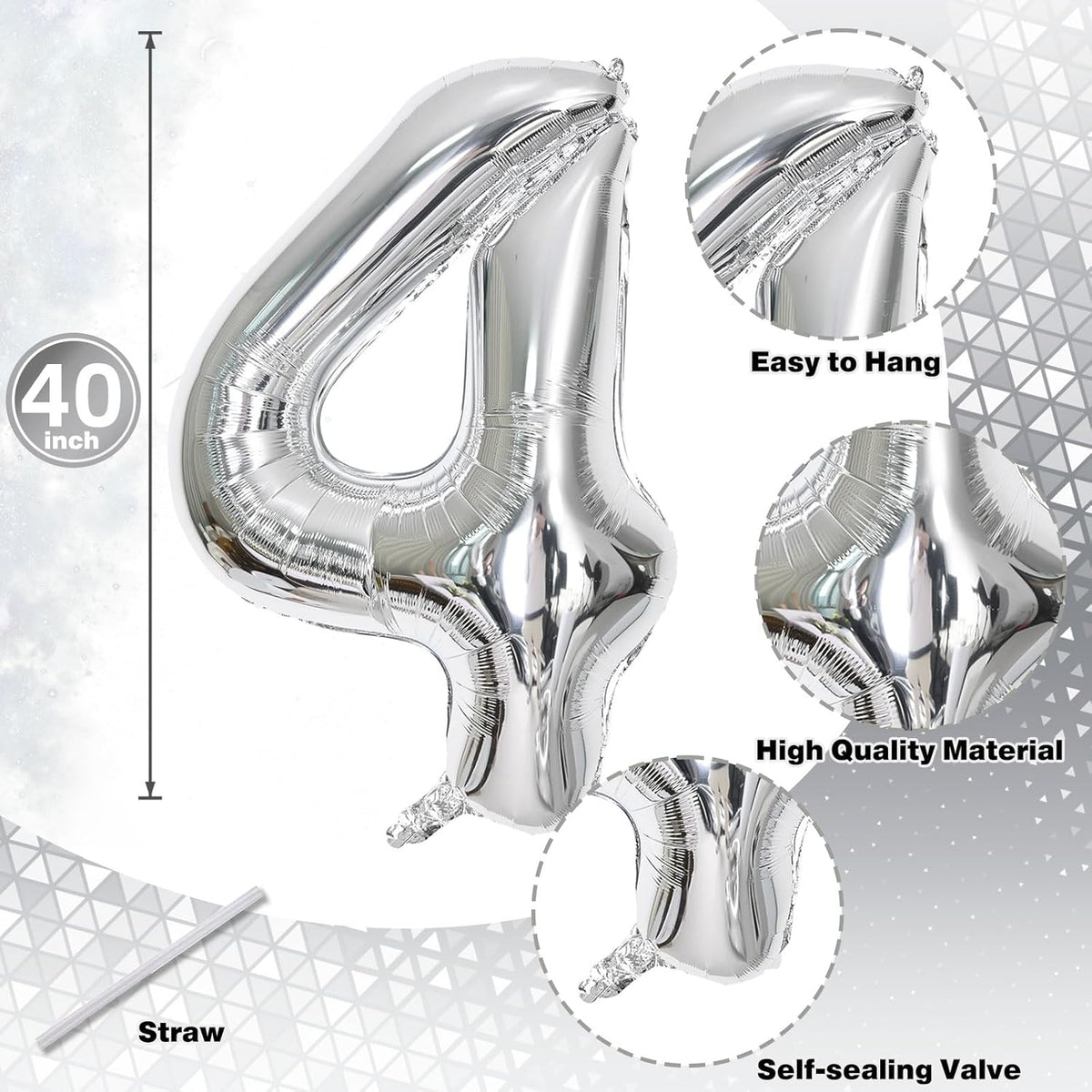 40 Balloons Silver, Giant Number 4 & 0 Helium Foil Balloon for Women 40th Birthday Decor, 40'' Self