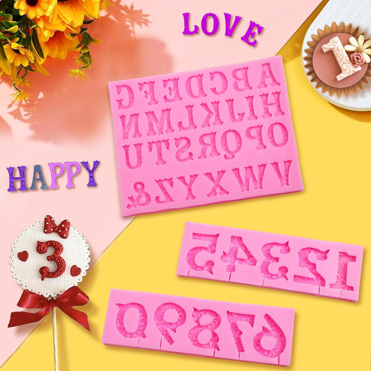 Silicone Fondant Molds, AIMEIKI 3 Pack 3D Silicone Number 0-9 Alphabet A-Z Embossed Fondant