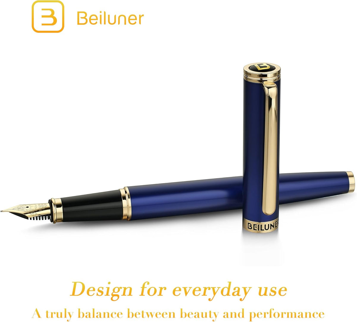 BEILUNER Blue Fountain Pen,Stunning Luxury Pens with 24K Gold Finish, Gorgeous 24K Gilded