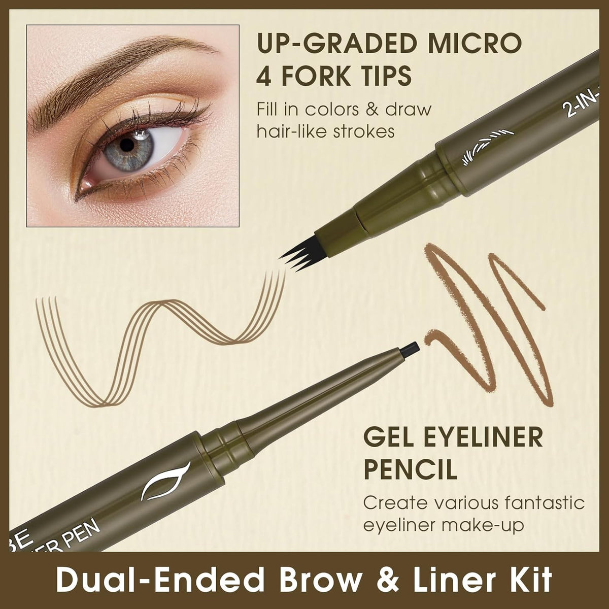 UCANBE Eyebrow Pen, Dual-Ended Eyebrow Pencil with 4-Fork-Tip & Gel Eyeliner for Women, Eye Brow