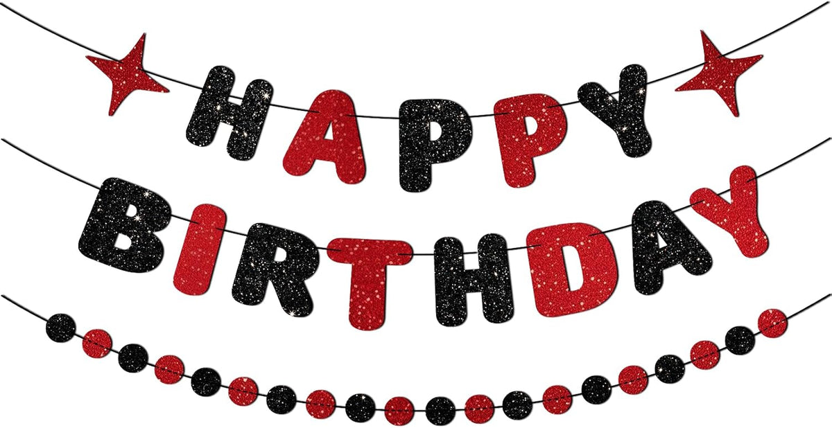 Red and Black Happy Birthday Banner Glitter Garland for Black and Red Decorations Happy Birthday