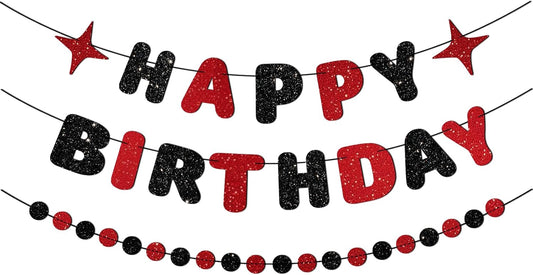 Red and Black Happy Birthday Banner Glitter Garland for Black and Red Decorations Happy Birthday