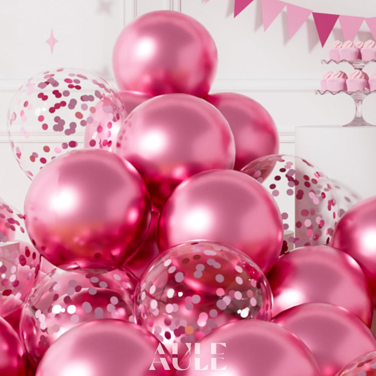 AULE Party Balloons Pack of 42 - Metallic Chrome Pink Balloons and Pink Confetti Latex Helium