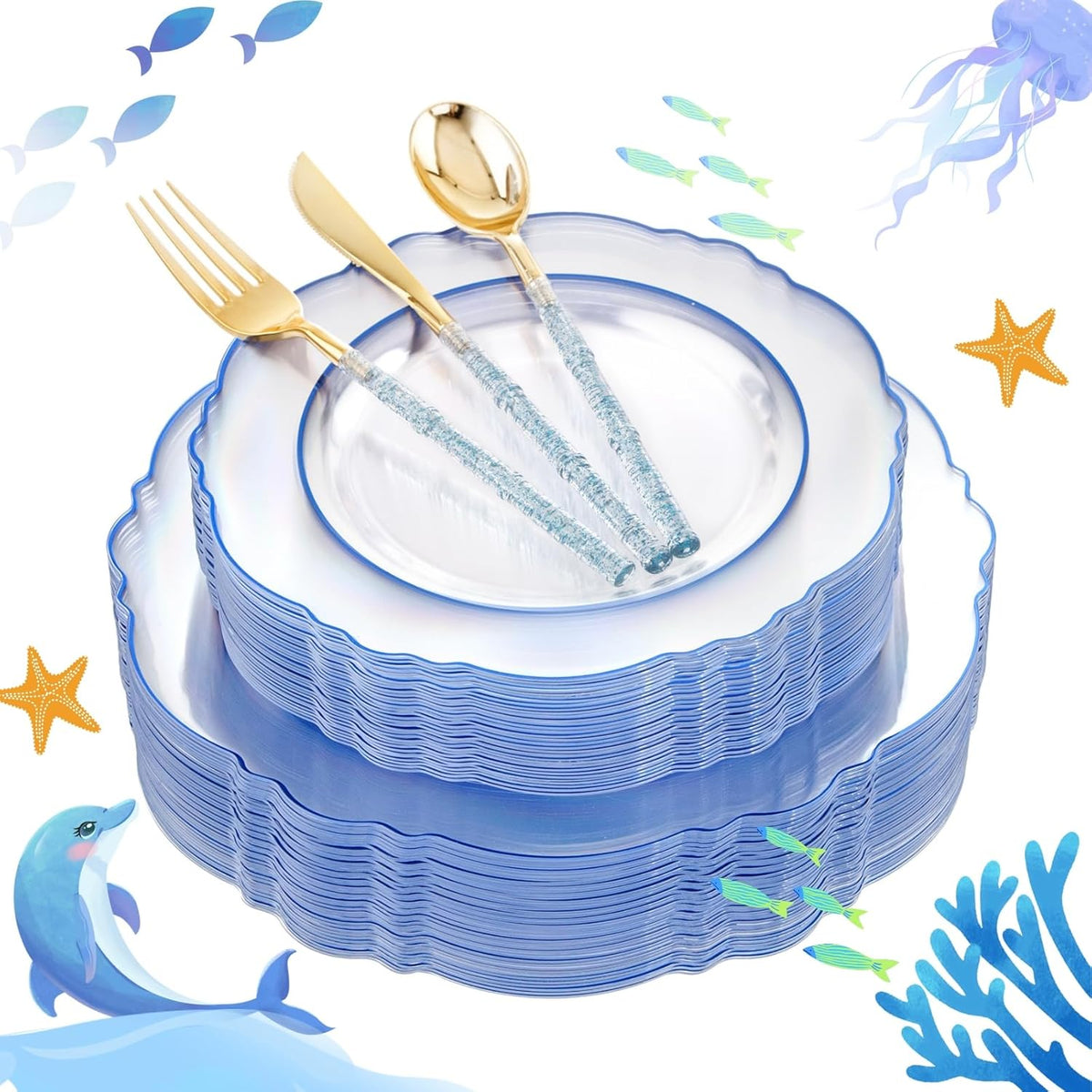 Liacere 150PCS Clear and Blue Plastic Plates-Clear and Blue Disposable Plates with Glitter Bamboo
