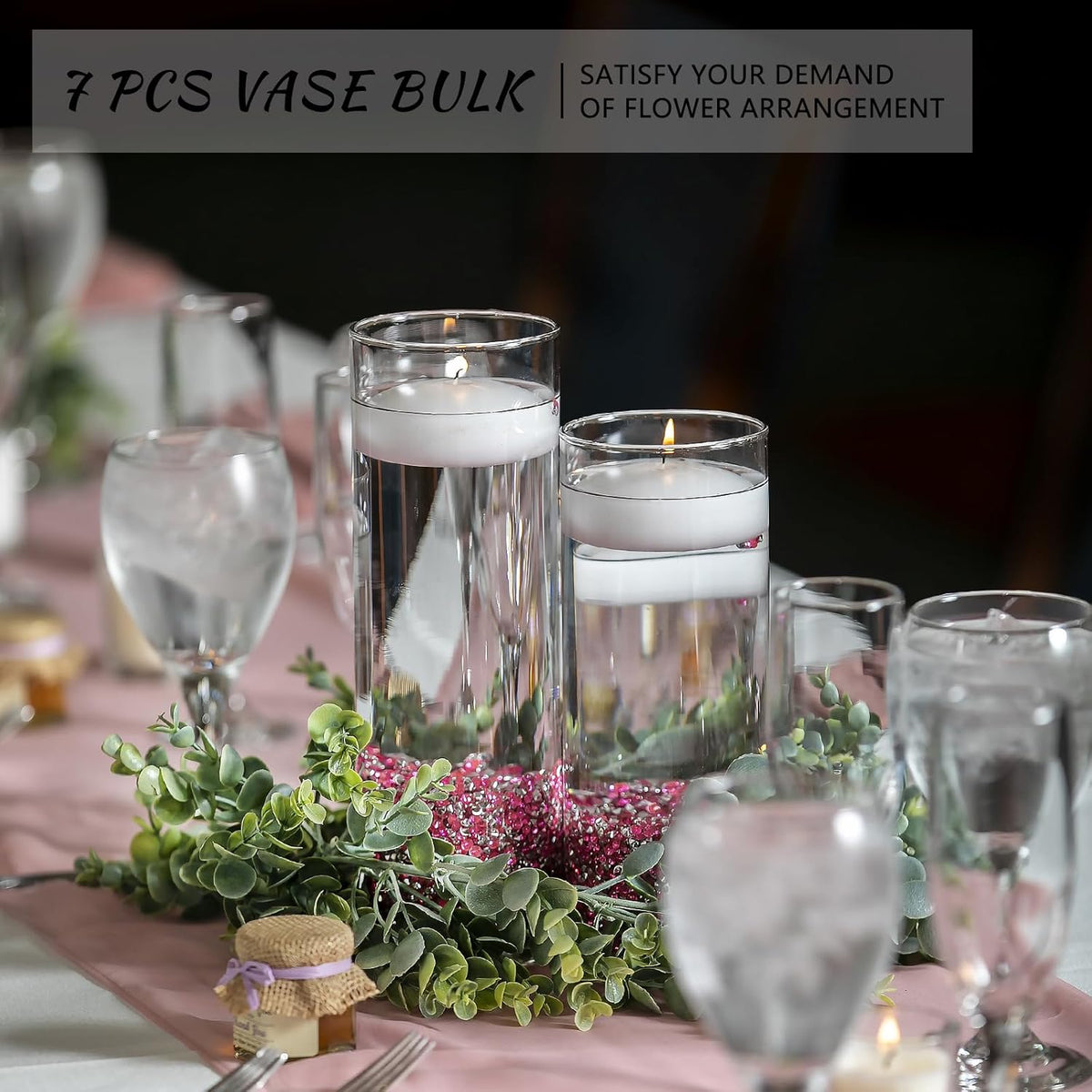 7Pcs Glass Cylinder Vase for Centerpieces Clear Glass Flower Vases Bulk, Glass Hurricane Candle