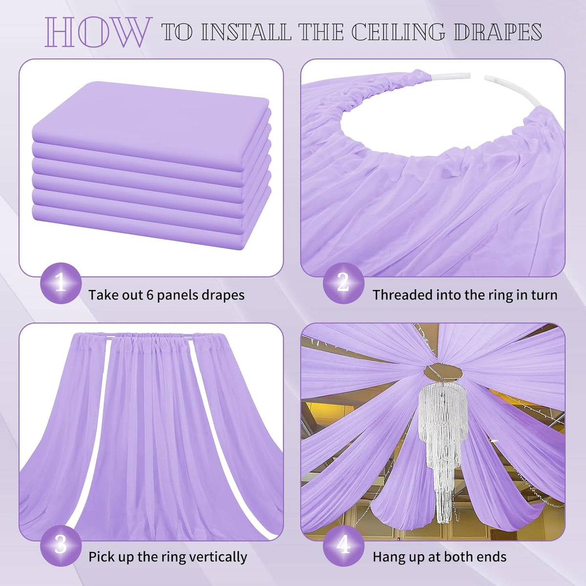 6 Panels Lavender Ceiling Drapes for Wedding 5ftx20ft Chiffon Fabric Arch Draping Curtains Sheer