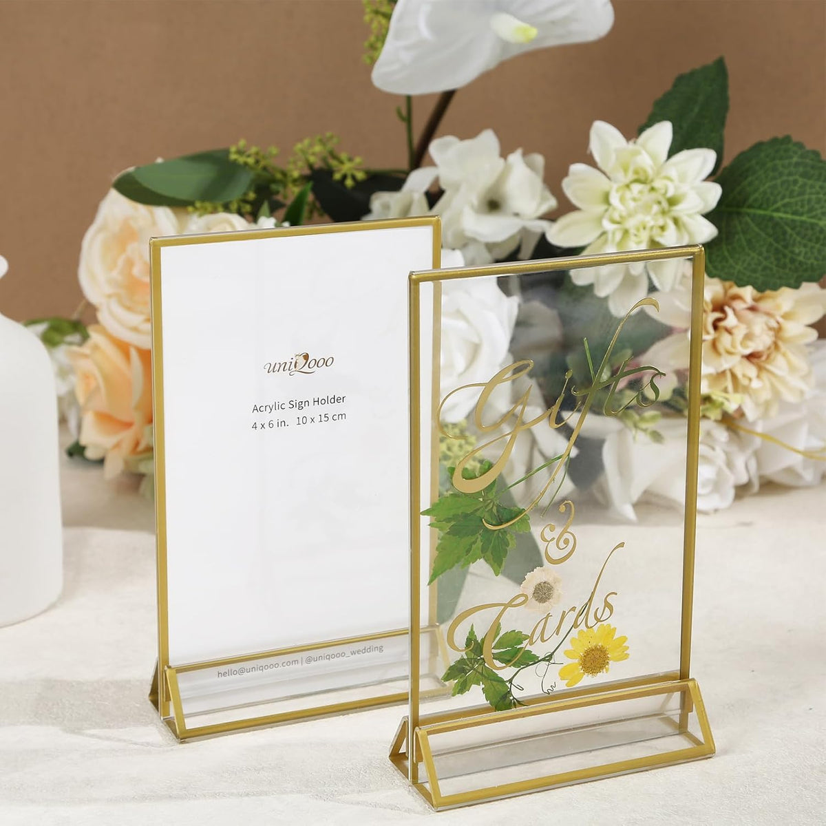 UNIQOOO Acrylic Sign Holders with Golden Border, Portrait View, Pack of 12 | 4x6 Inches Double