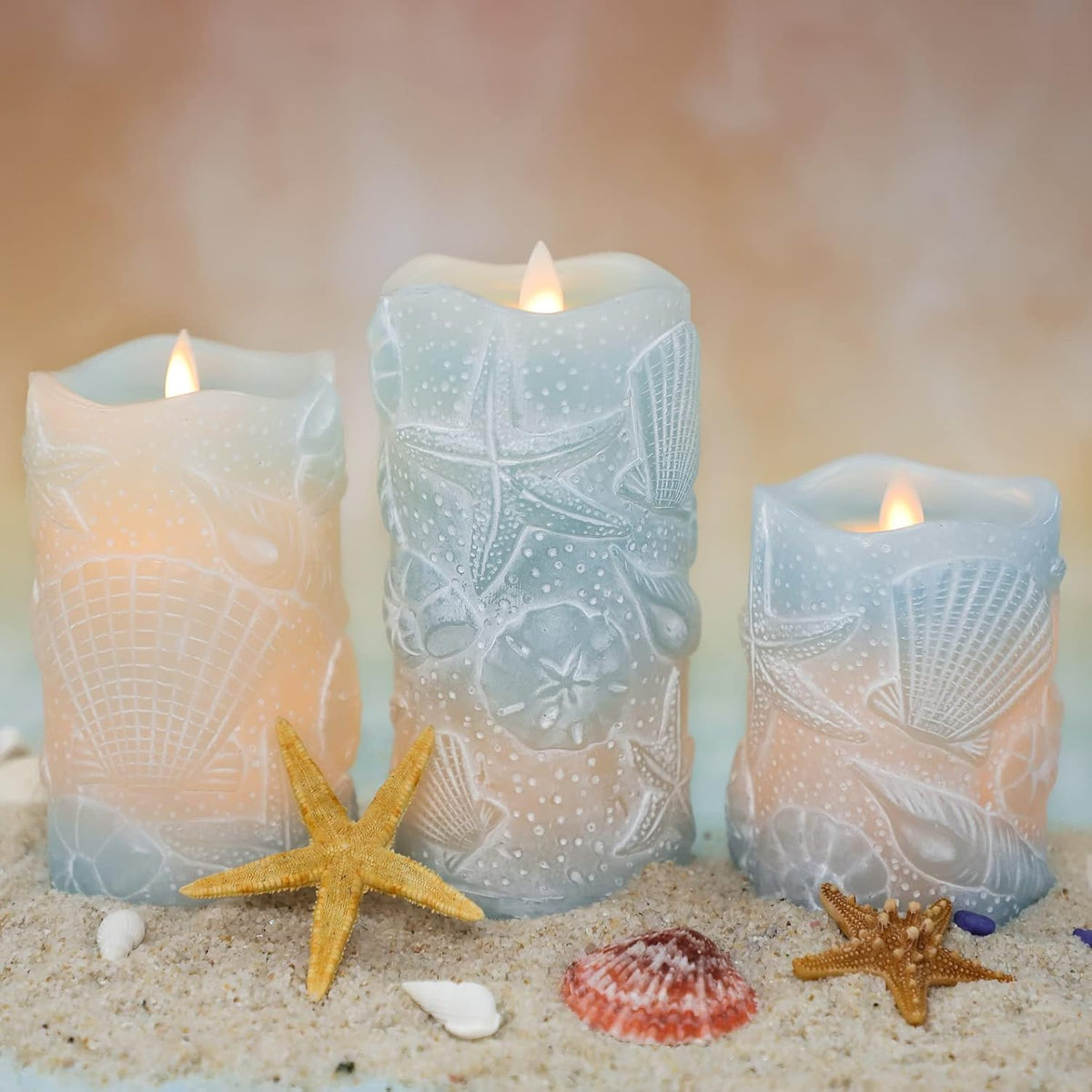 Silverstro Ocean Flameless Candles Remote Carved Seashell Real Wax Flicker Battery Operated Candles
