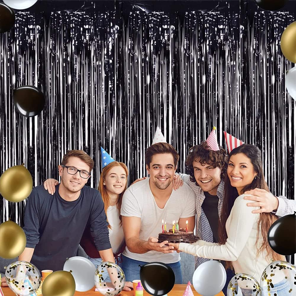 TONIFUL 3Pcs Black Door Streamers,Photo Booth Backdrop,Metallic Streamers Black Foil Fringe