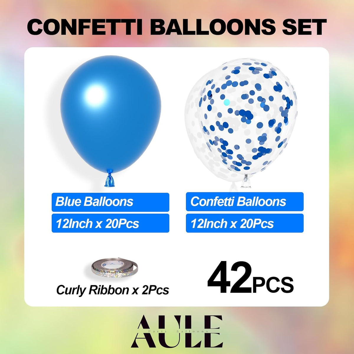AULE Party Balloons Pack of 42 - Metallic Blue Balloons and Blue Confetti Balloons With 64ft