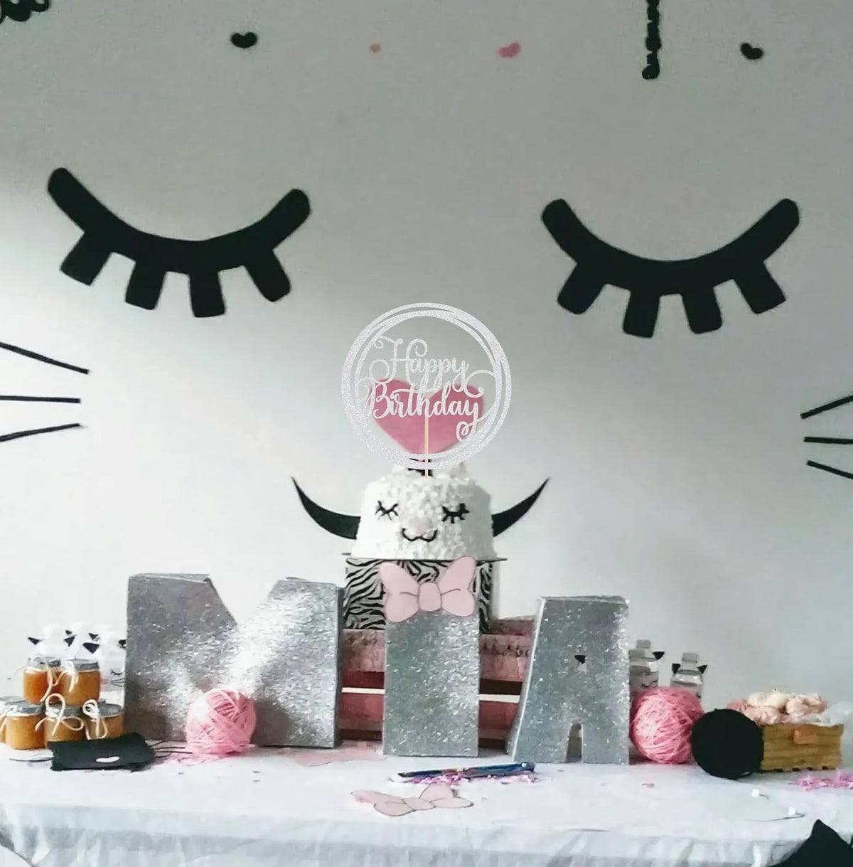 Happy Birthday Cake Topper - Silver Glitter Happy Birthday Cake Decoration Supplies for Children or