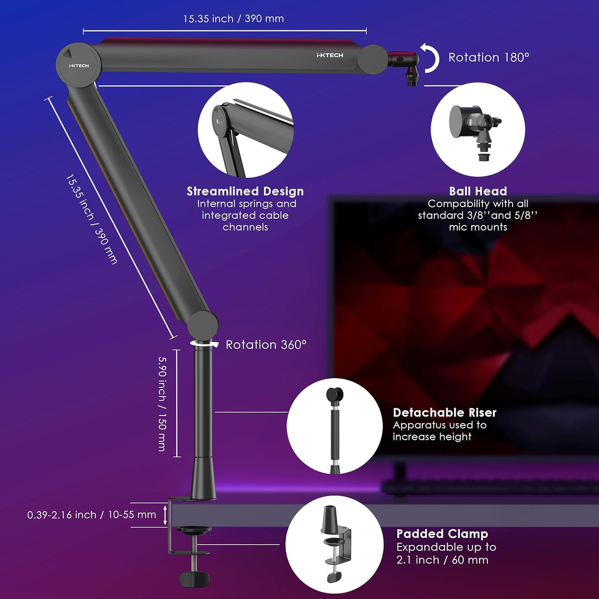 IXTECH Premium Microphone Boom Arm with Desk Mount, 360° Rotatable, Fully Adjustable, for Podcast