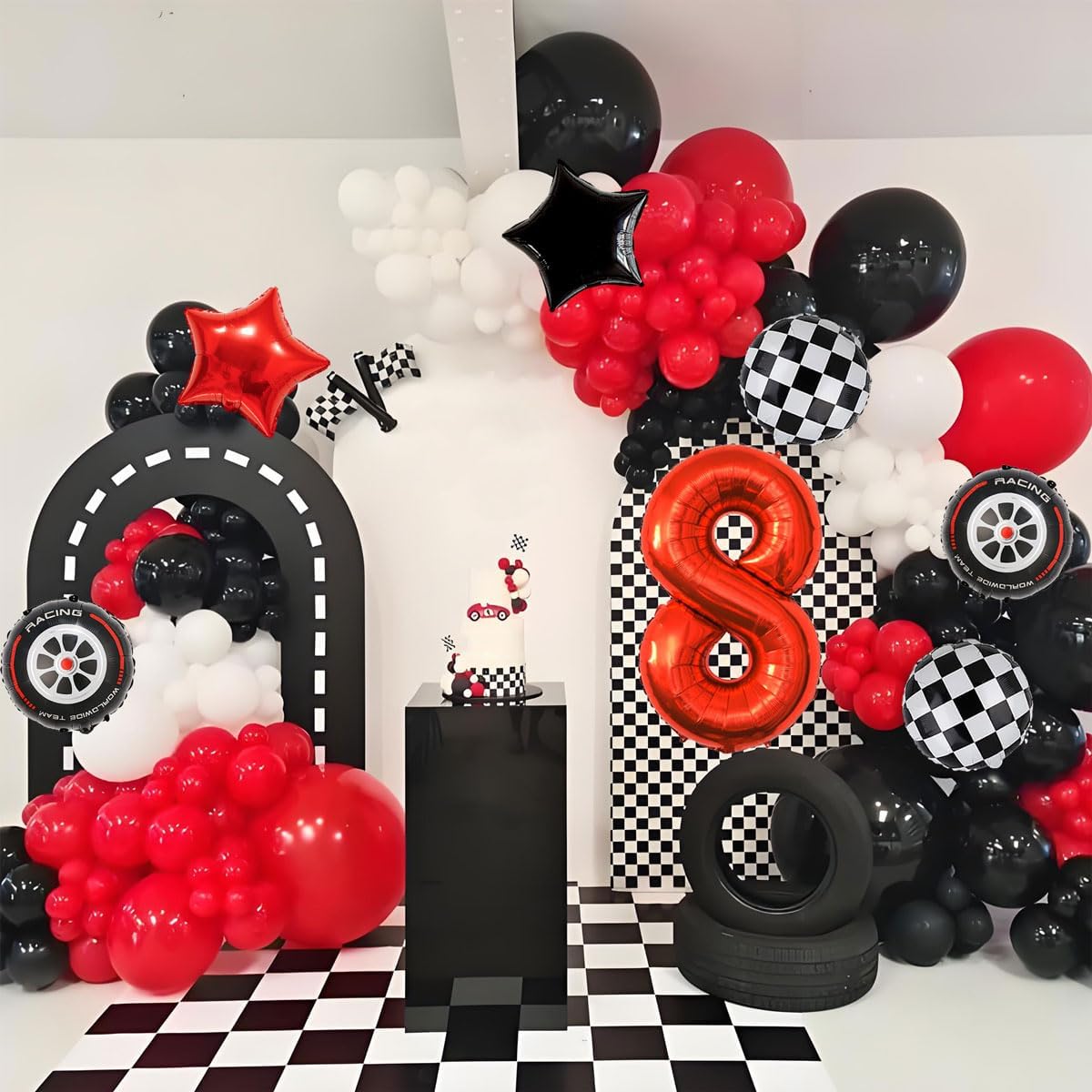 Race Car Birthday Decorations - 40 Inch Mylar Red Number 8 Balloons - Black Foil Checkered Race Car