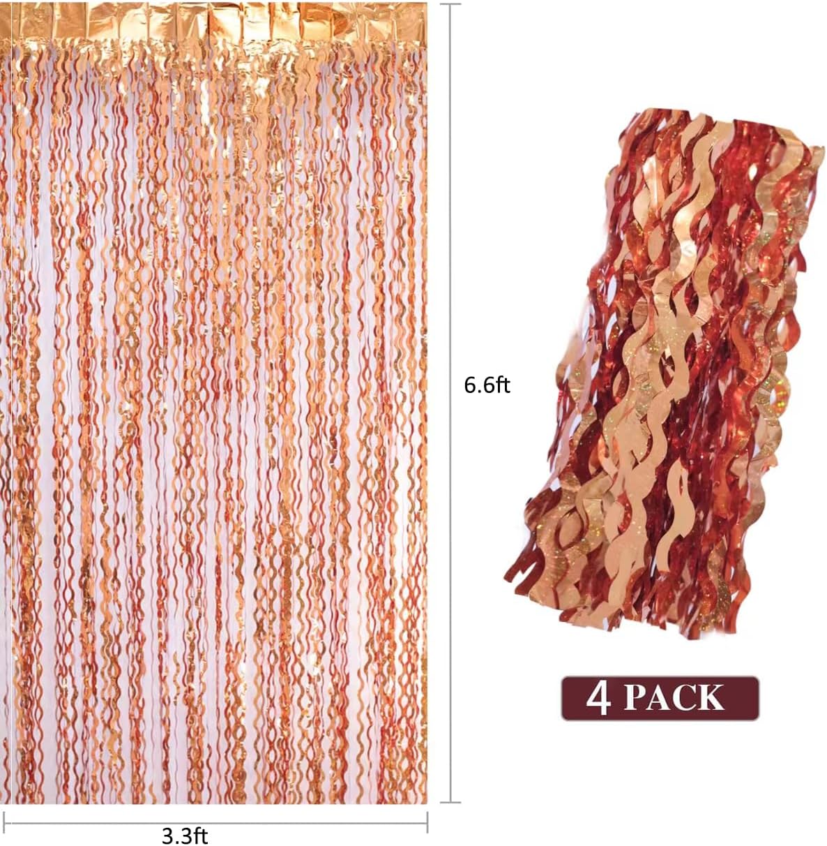 4 Pack 3.3x6.6ft Wavy Orange Foil Fringe Backdrop Curtains -Tinsel Streamers Metallic Foil Fringe