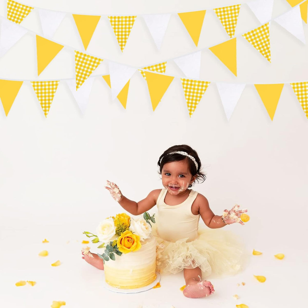 32Ft Yellow Plaid Checkered White Pennant Banner Fabric Gingham Triangle Flag Bunting Garland for
