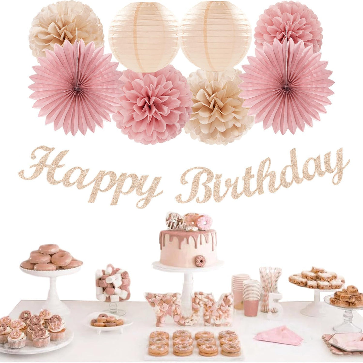 Blush-Pink Champagne Beige Happy-Birthday Party-Decorations - 31pcs 15th Women Girls Paper Lanterns