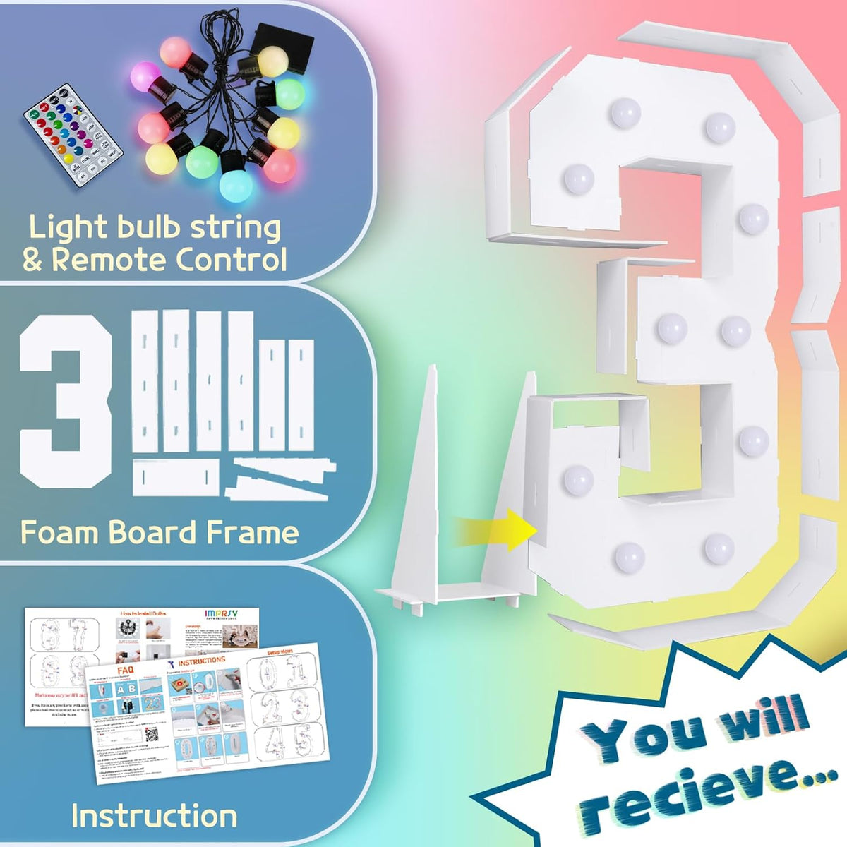imprsv 4FT Colorful Marquee Numbers,18 Colors Number 3 with Remote, Light Up Numbers Sign for 30th
