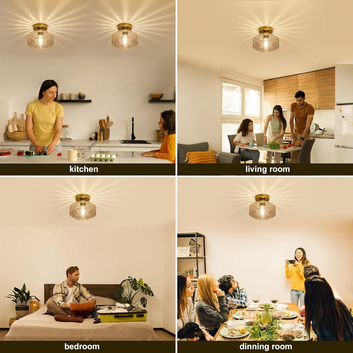 Gold Flush Mount Ceiling Light Modern - Hexagonal Diamond Faceted Glass, 50% Brighter 1200LM LED