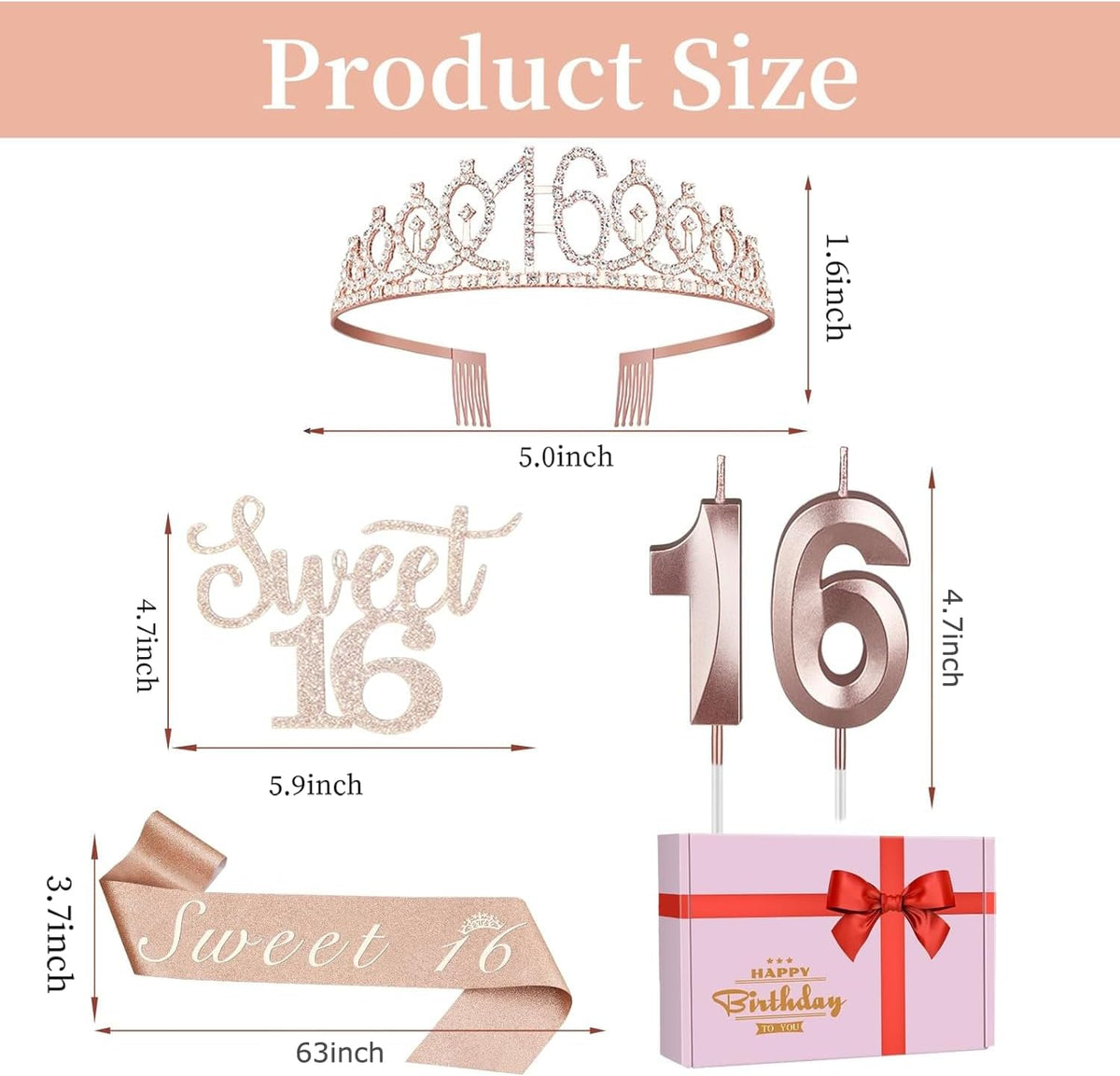 Sweet 16 Party Decorations for Girls Including Sash and Tiara, Cake Topper and Candles, 16th