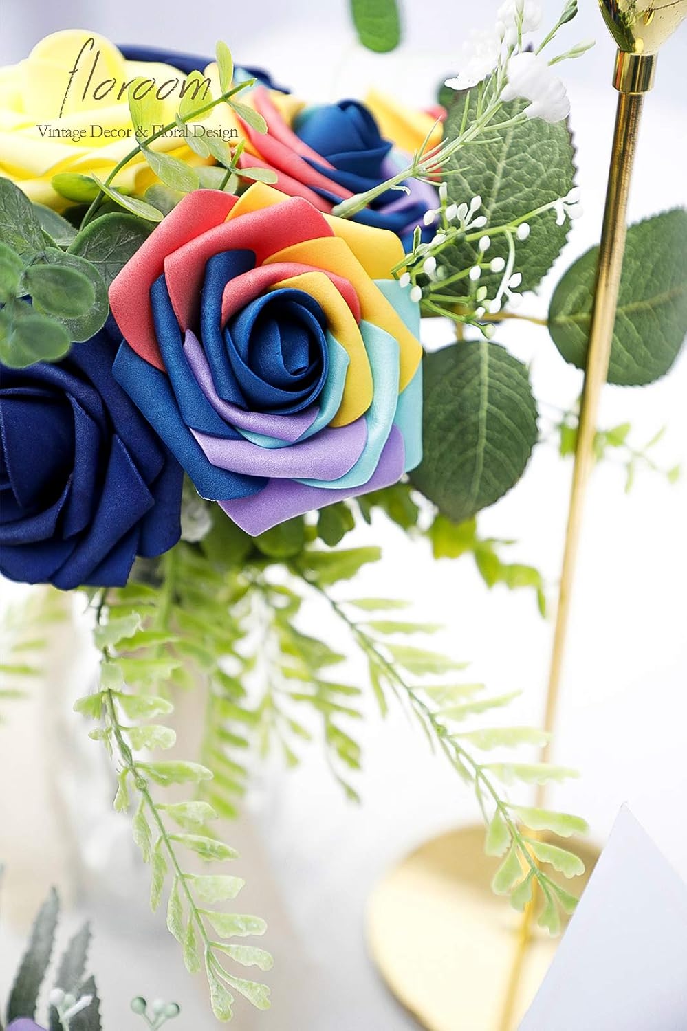 Floroom Artificial Flowers 25pcs Real Looking Whimsical Blue Foam Fake Roses with Stems for DIY