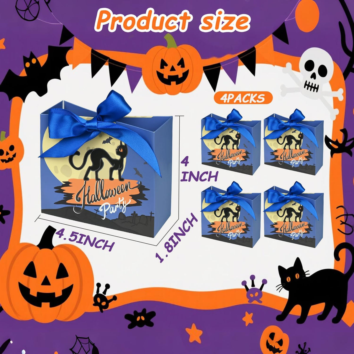 24PCS Halloween Goodies Bags, Trick or Treat Candy Gift Paper Bags Bulk with Ribbons, Halloween