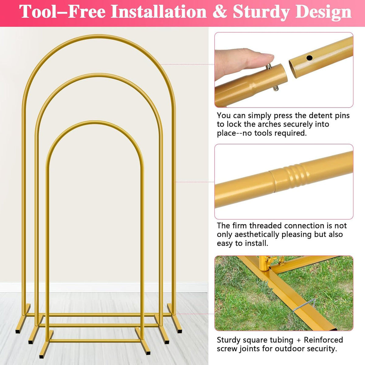 Metal Arch Backdrop Stand, Set of 3 (4/5/6 ft) Wedding Arched Frame with 12 Ground Nails, Stable