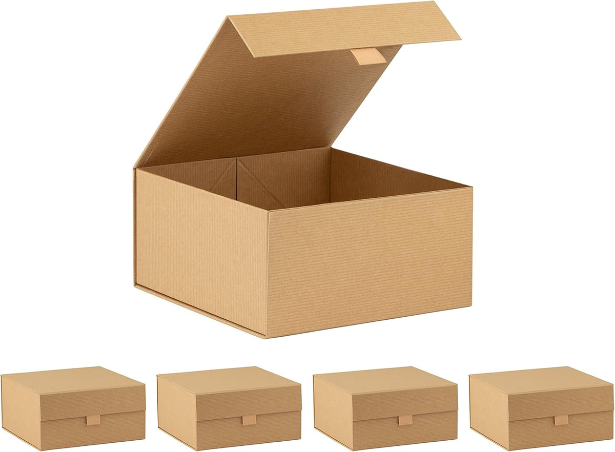 Purple Q Crafts 5 Pack Brown Kraft Ribbed Hard Gift Box With Magnetic Closure Lid 8"x8"x4" Square