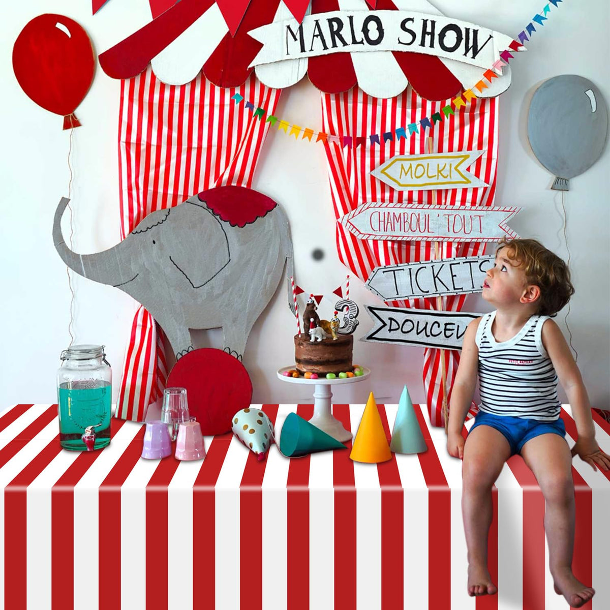 4 Pcs Carnival Tablecloths, Red and White Stripe Tablecloths, Red Plastic Table Cover, Circus Theme