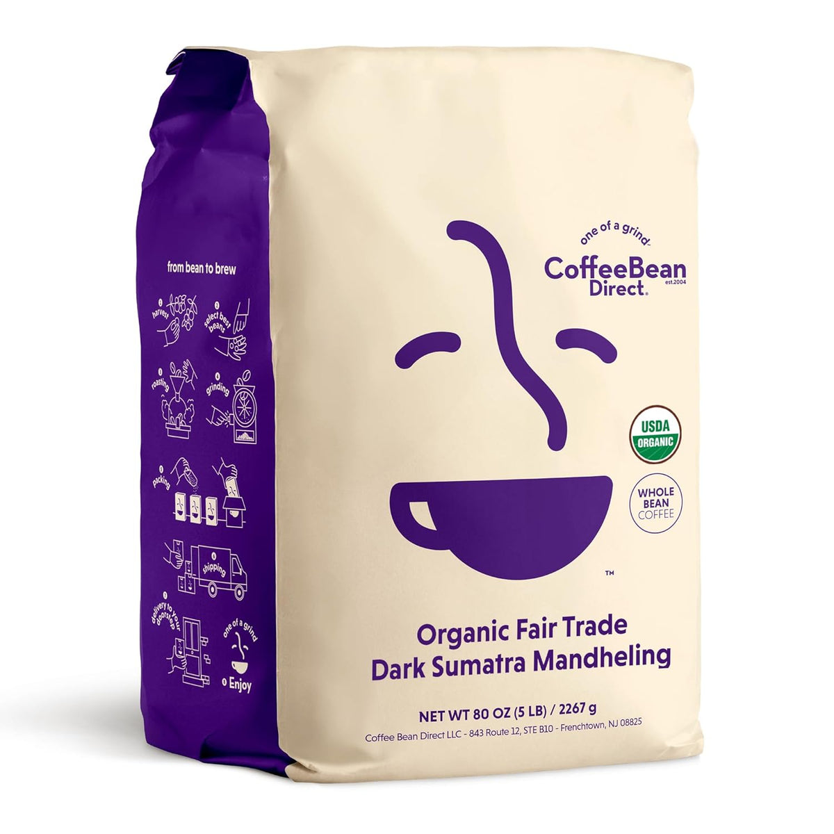 Coffee Bean Direct Organic Fair Trade Dark Sumatra Mandheling, Whole Bean Coffee, Dark Roast, 5