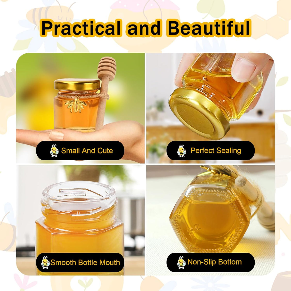 Aliggbent 48 Pack Mini Honey Jars Party Favors in Bulk, 1.5 oz Small Hexagon Glass Honey Jars with