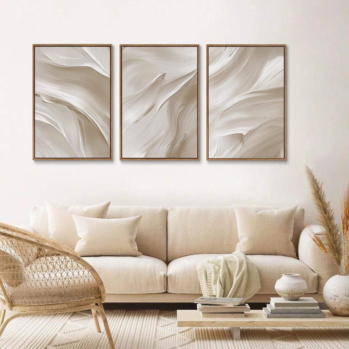 myusuar 3 Piece Large Abstract Framed Wall Art For Living Room, Smoke Texture Ink Beige White